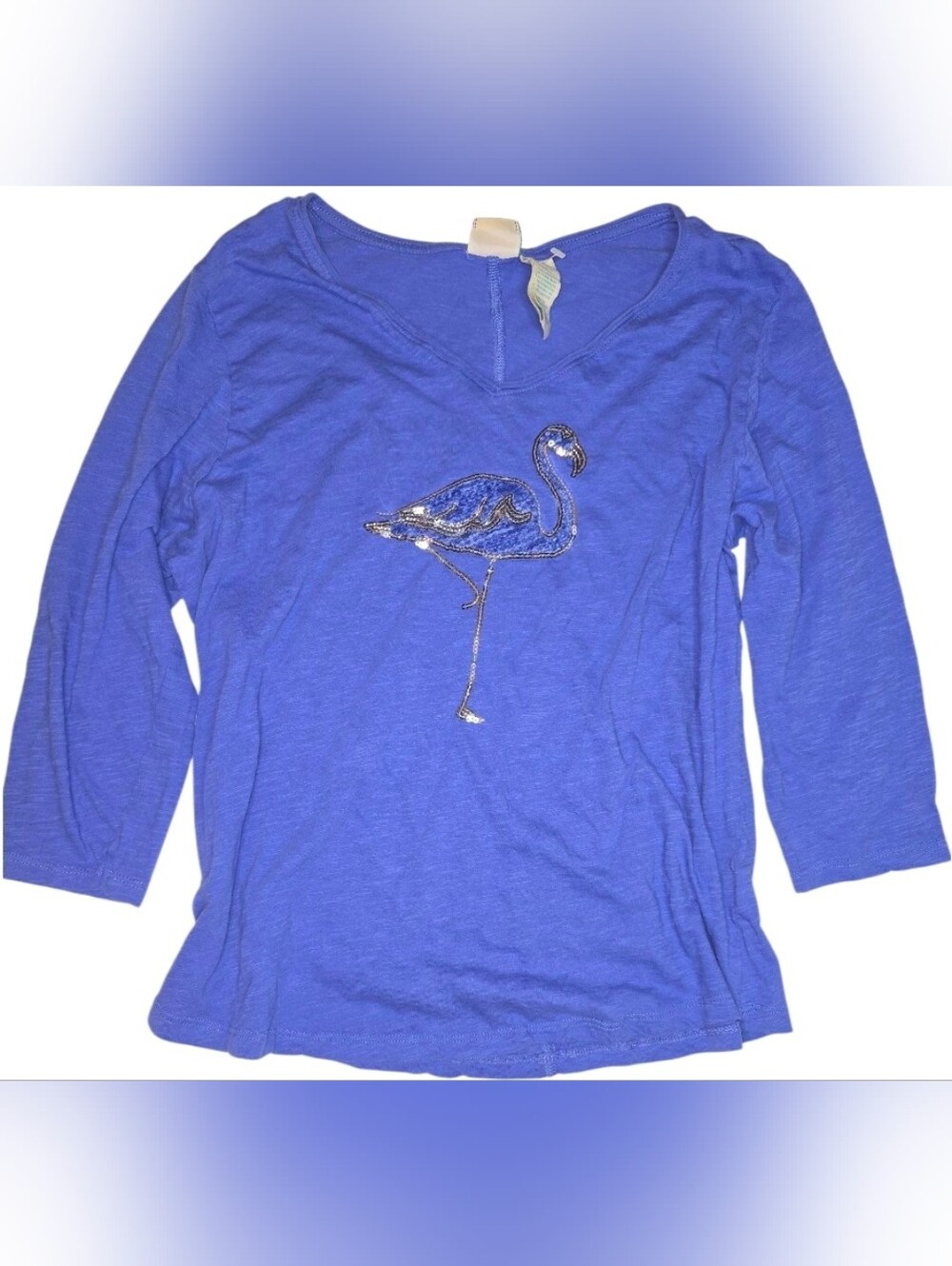 Caribbean Joe Women's Blue Flamingo Sequin Embellished 3/4 Sleeve Top Size L
